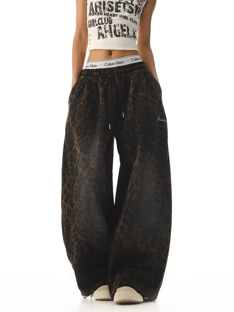 Y2K American Retro Pants Women Washed Leopard Print Spicy Girl Loose Slimming Wide Leg Versatile Casual Fashion