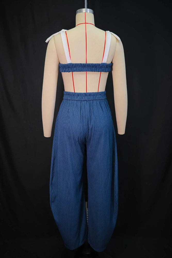 Elegant Women's Sets Striped Patchwork Straps Bow Crop Top and Wide Leg Pants 2026 New Party Vacation 2 Piece Matching Outfits
