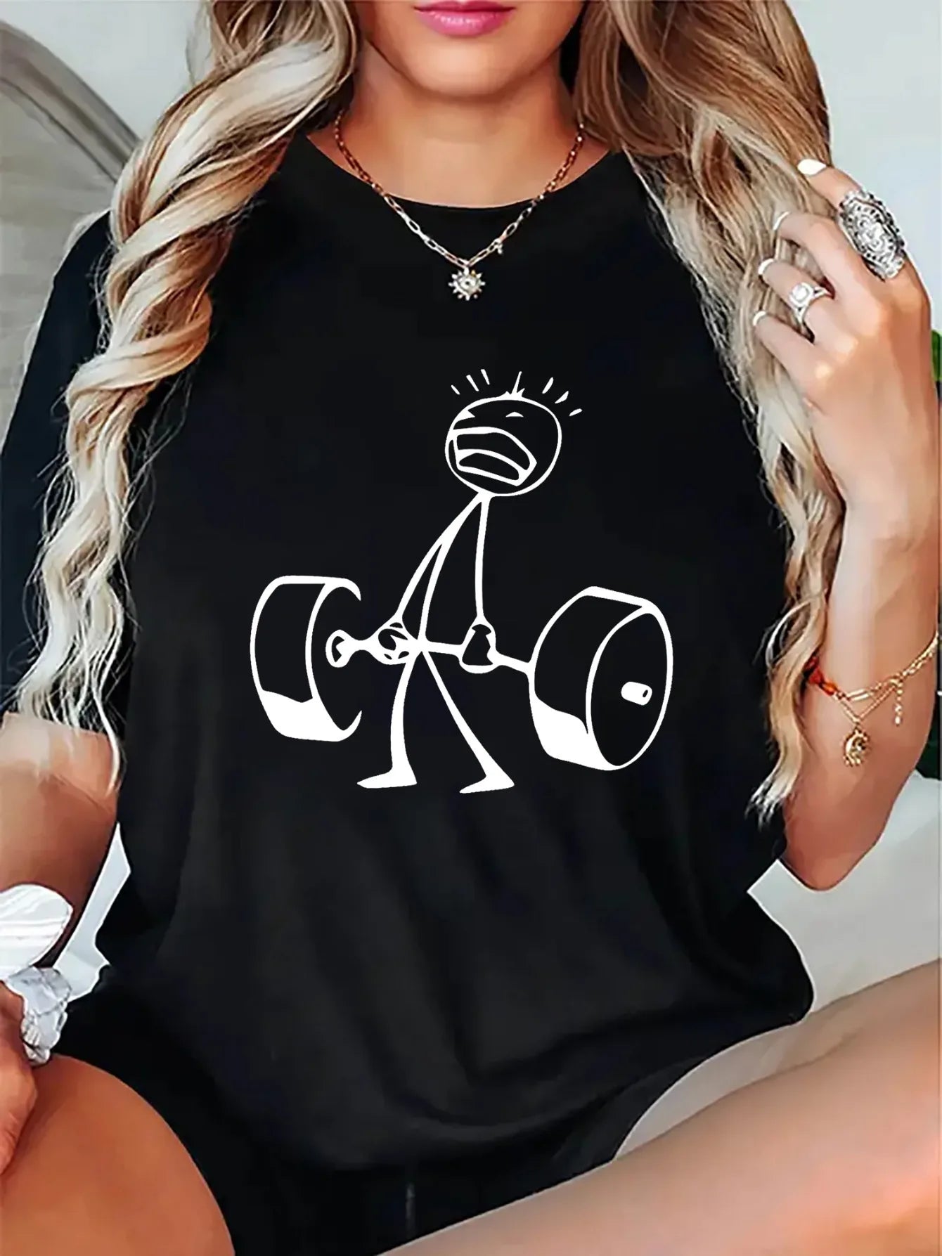 T-Shirt - White Graphic Print Tee with Dumbbell Design for Gym & Casual Wear Summer Short Sleeved Harajuku Streetwear Tops Tees