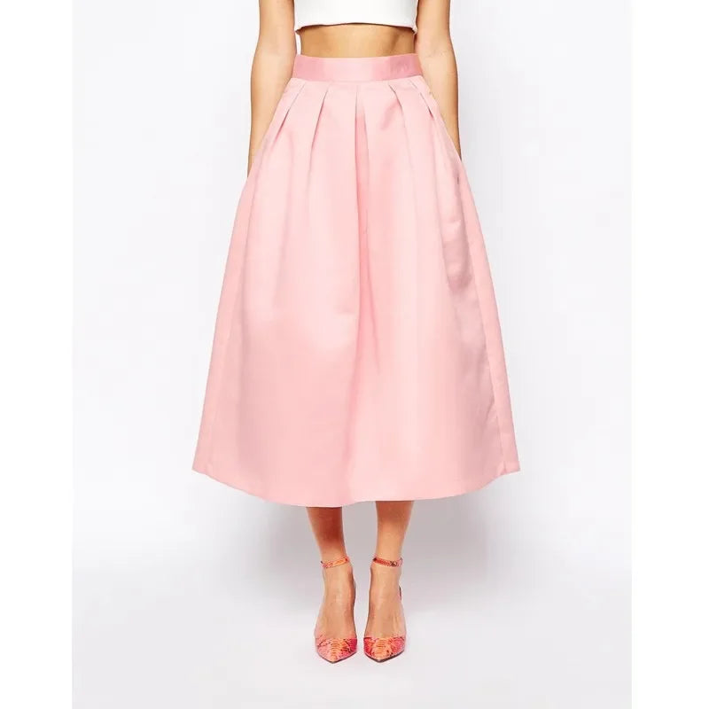 Graceful Pink Satin Skirts 2025 A Line Chic Invisible Zipper Waist Pleated Skirt High Quality Tea Length Lady Fashion Skirts