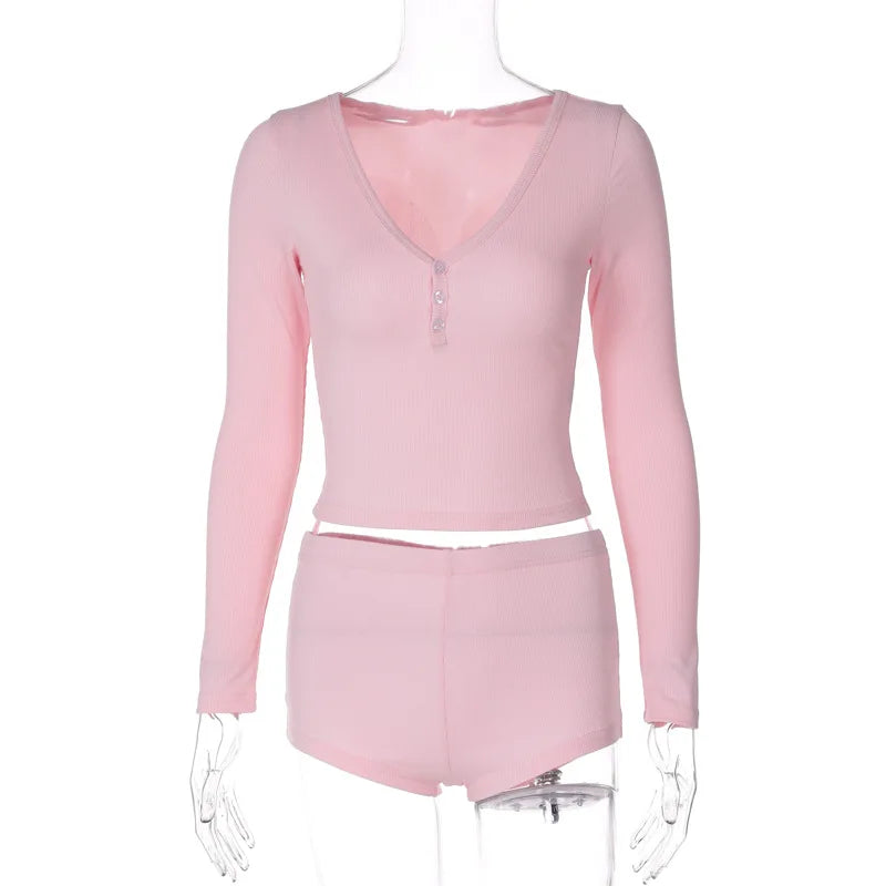 Absobe Three Buttons Crop Top Shorts Leisure Suit Women V-neck Long Sleeve T-shirt Short Pants Solid Slim Outfit Streetwear