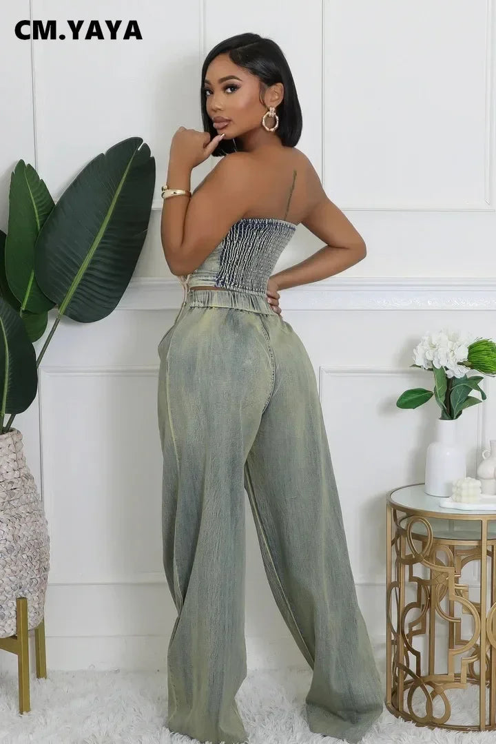 CM.YAYA Denim Women's Set Sleeveless Strapless Top +Loose Jeans Pants 2024 Fall Lace Up Street Two 2 Piece Set Outfits Tracksuit
