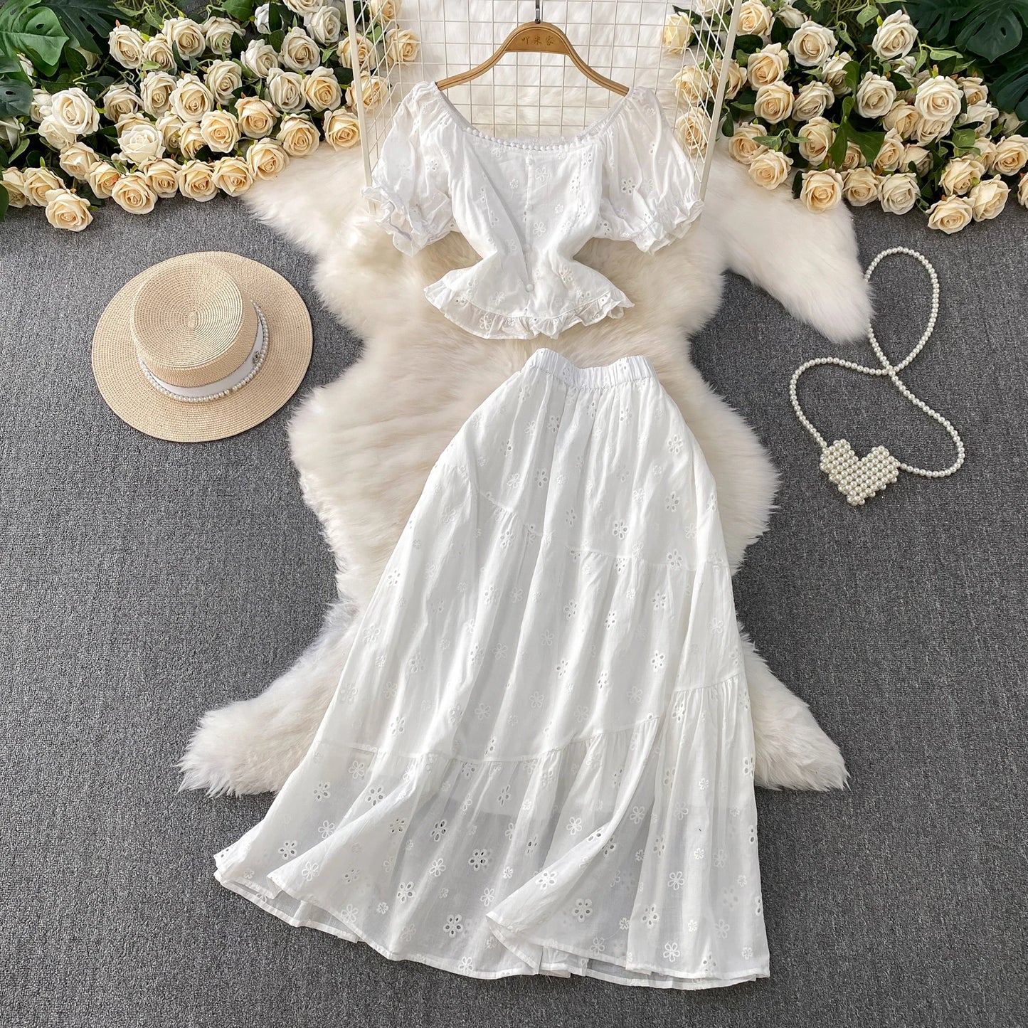 Pink Gentle Wind Square Collar Bubble Sve irt ort ter Top Hook Flower Hollow out f Skirt Set Women's Faion Spr...