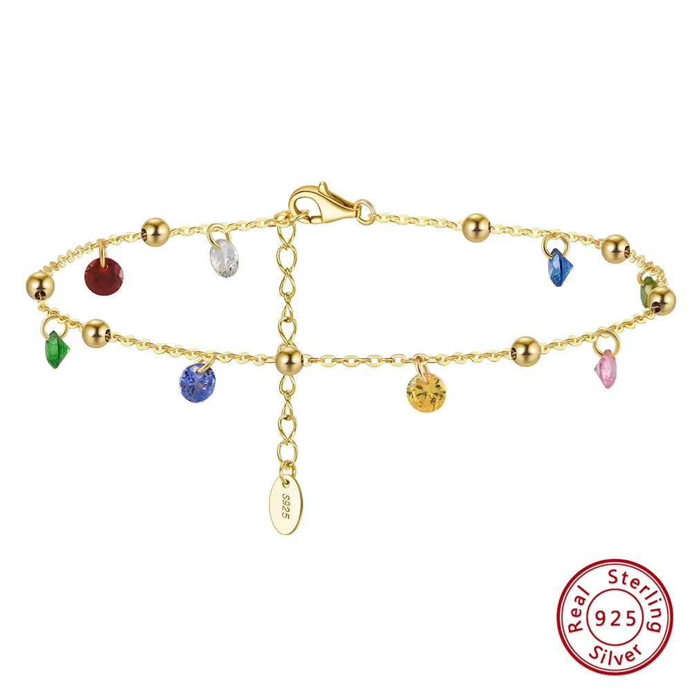 Rinntin Genuine 925 Sterling Silver Chain Anklets with Colorful Cubic Zirconia for Women Fashion Ankle Bracelets Jewelry SA93