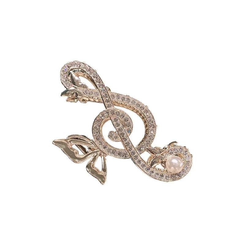 Vintage Elegant Rhinestone Pearl Note Hair Clip Luxury Clef Shape Shark Clip Women Metal Ponytail Hair Accessory Tiara New