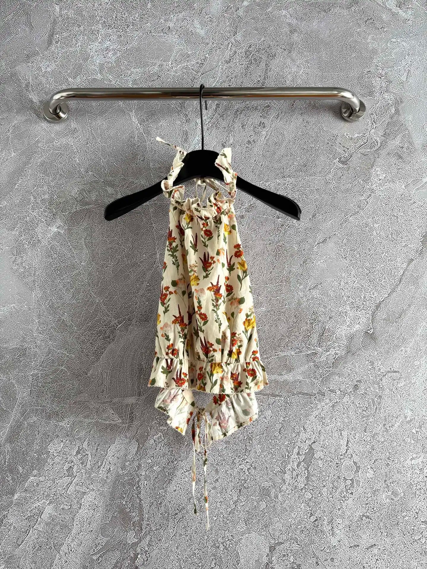 Women Flower Printed Ruffles Collar Sleeveless Linen Camisole Top + Lace Edge Trumpet Mini Skirt Set