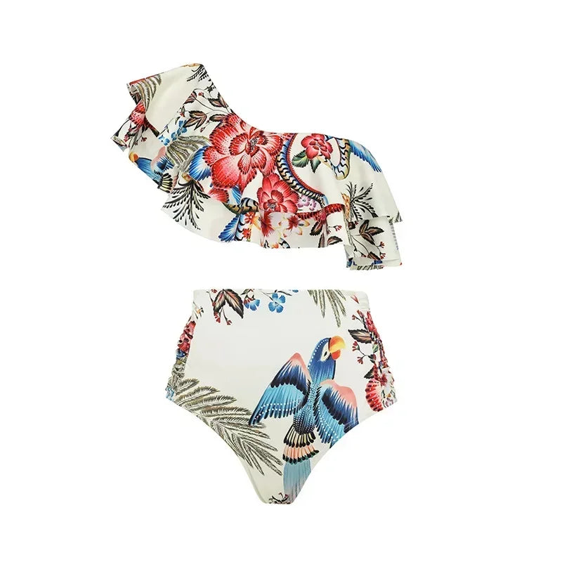 Bikini Women's Printed Ruffle Swimsuit One Shoulder Slash Breasted Bikini Two Piece High Waisted Tummy Tuck Beachwear New