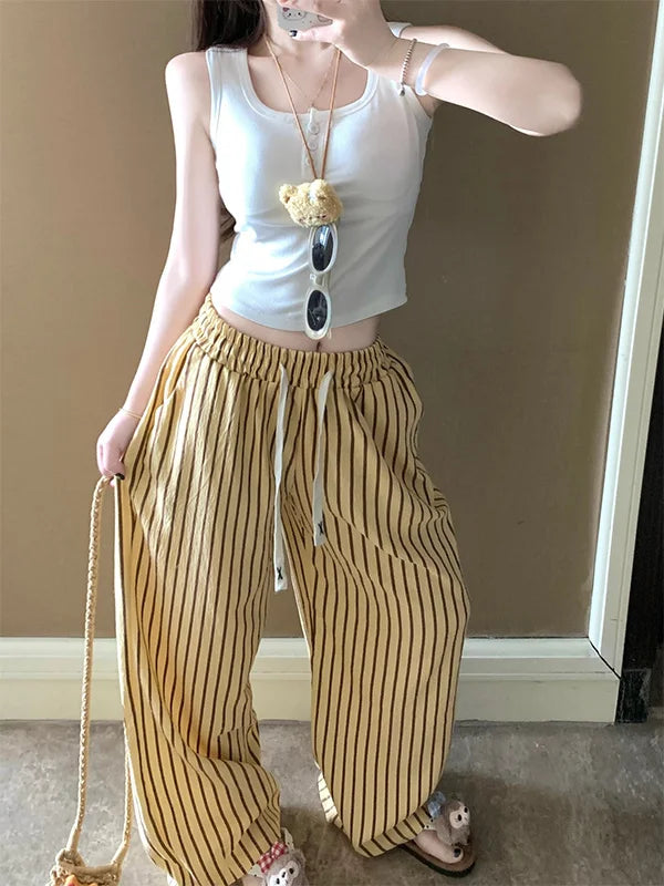 Comfortable Cloud Cotton Sleep Pants Women's Long Pants Striped Outerwear Home Clothes Spring Summer New Style Yellow Stripes