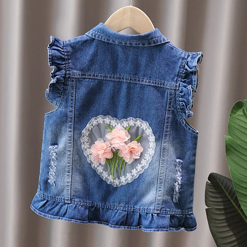 Children's Vest Spring and Autumn New Bow Crown Flower Print Flip Collar Vest Sweet and Cute Fashion Versatile Coat