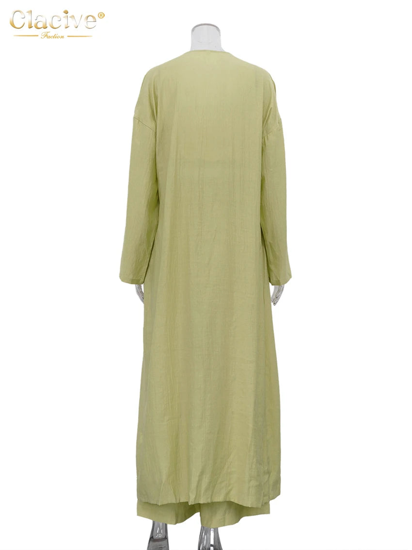 Clacive Fashion Loose Green 3 Pieces Set For Woman 2025 Sexy Long Sleeve Robes + Tube Top With High Waist Wide Pants Set Female