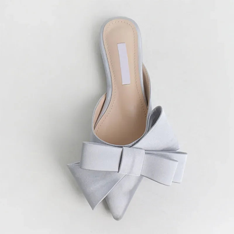 2024 Spring and Summer Women's Shoes Korean Silk Satin Pointed Bow Tie Slippers Baotou Flat Heel Sets Semi Slippers