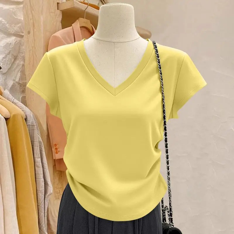Summer irregular T-shirt women's V-neck curved hem casual breathable simple trend slim fit spicy girl sexy short sleeved shirt