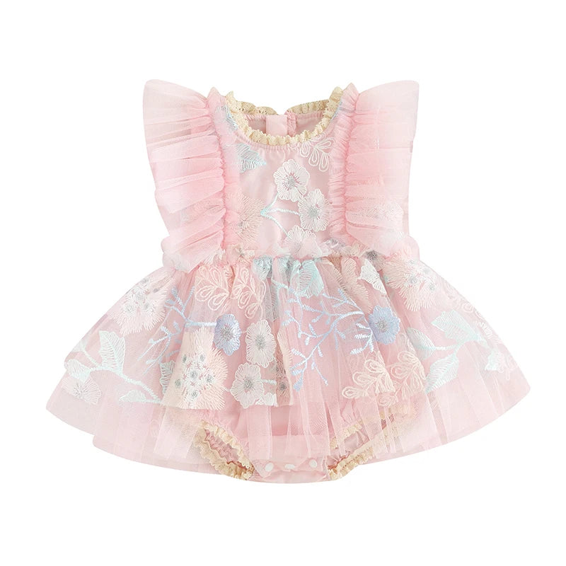 FOCUSNORM 0-24M Newborn Baby Girls Princess Romper Dress Fly Sleeve Flower Embroidery Mesh Tulle Patchwork Jumpsuits