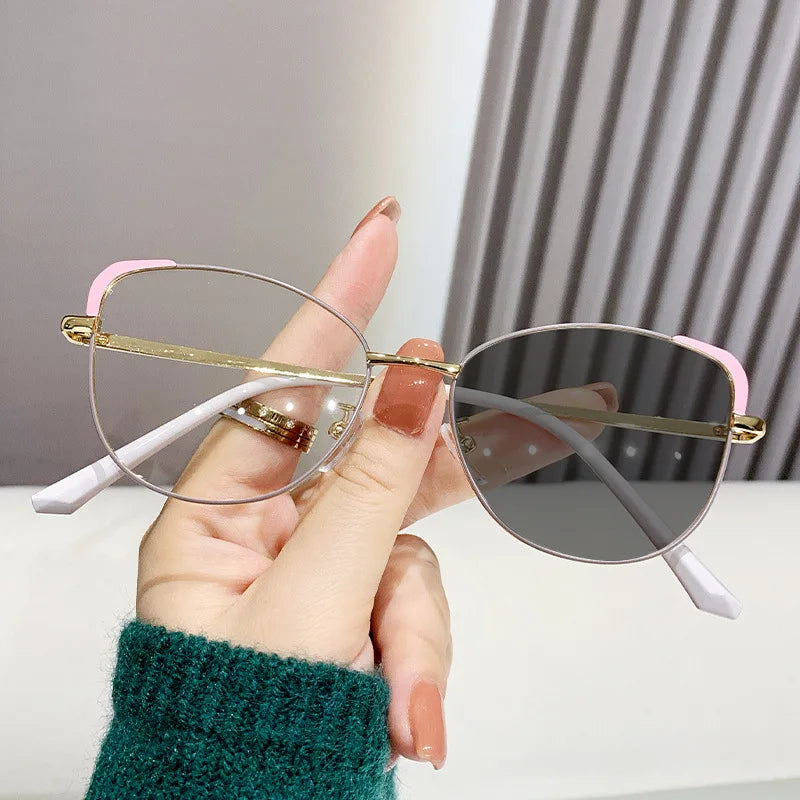 korean Fashion Cat Eye Photochromism Glasses Frame Women INS No Makeup Anti-Blue Plain Glasses Men Decorative Computer Glasses