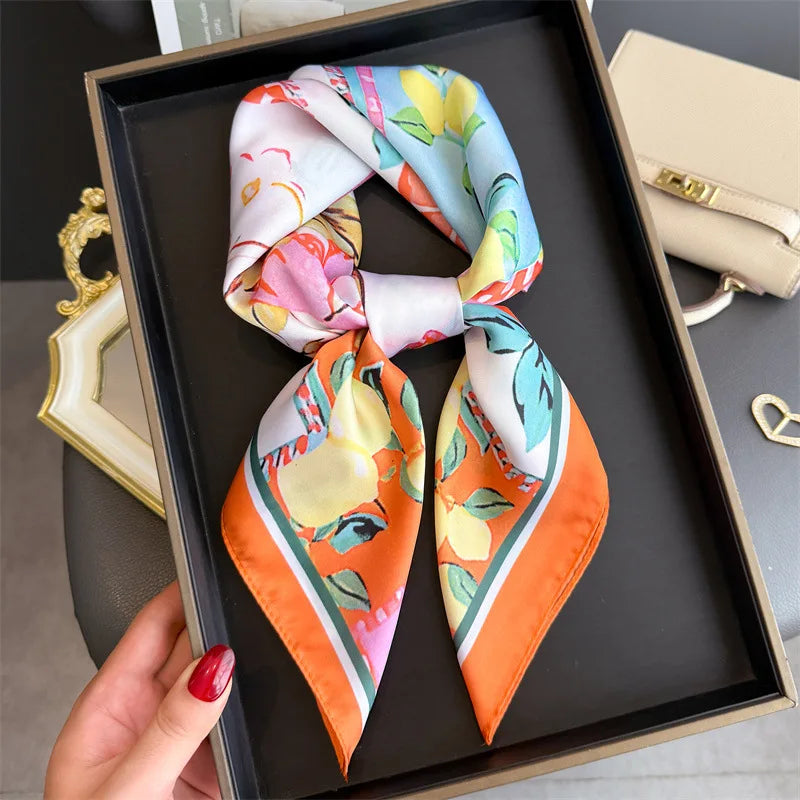 Lemon Silk Square Scarf Women Satin Shawl Wrap Hijab Female Hair Band Wrist Luxury Headkerchief 70*70cm Echarpe 2025 Bandana