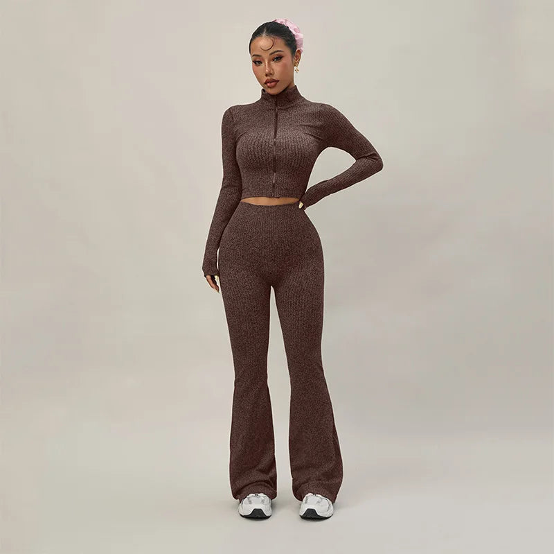 European And American Yoga Wear Set For Autumn And Winter Zipper Long-sleeved Sports Jacket Women's Fitness Yoga Flared Trousers
