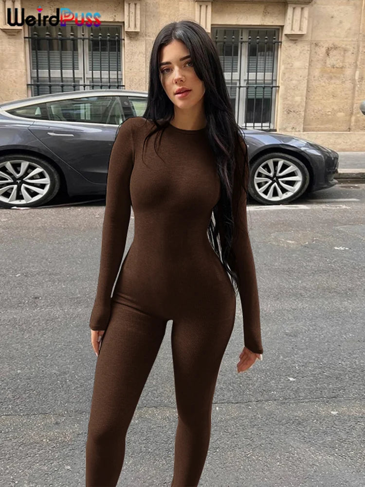 Weird Puss Solid Fitness Casual Jumpsuit Women Long Sleeve Stretch Skinny Activity Sporty Tight Simple Fall Streetwear Overalls