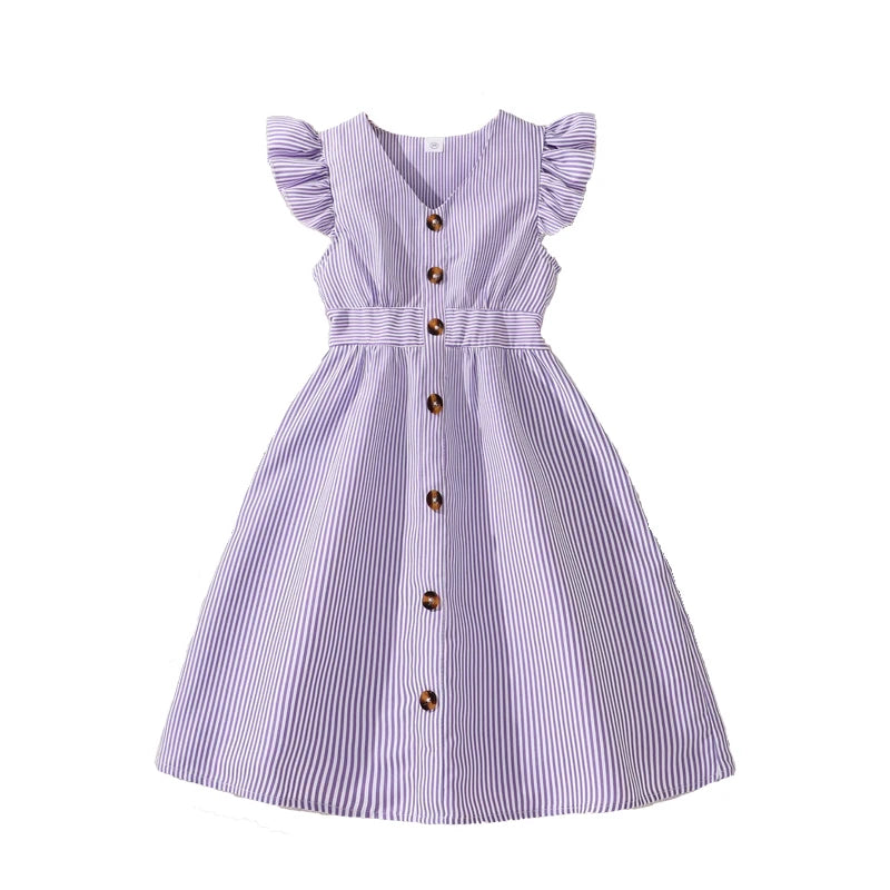 Girl Dress Summer New Light Blue Stripe Ruffled Sleeveless V-Neck Dress Elegant Cute Daily Casual Vacation Preppy Style Outifits