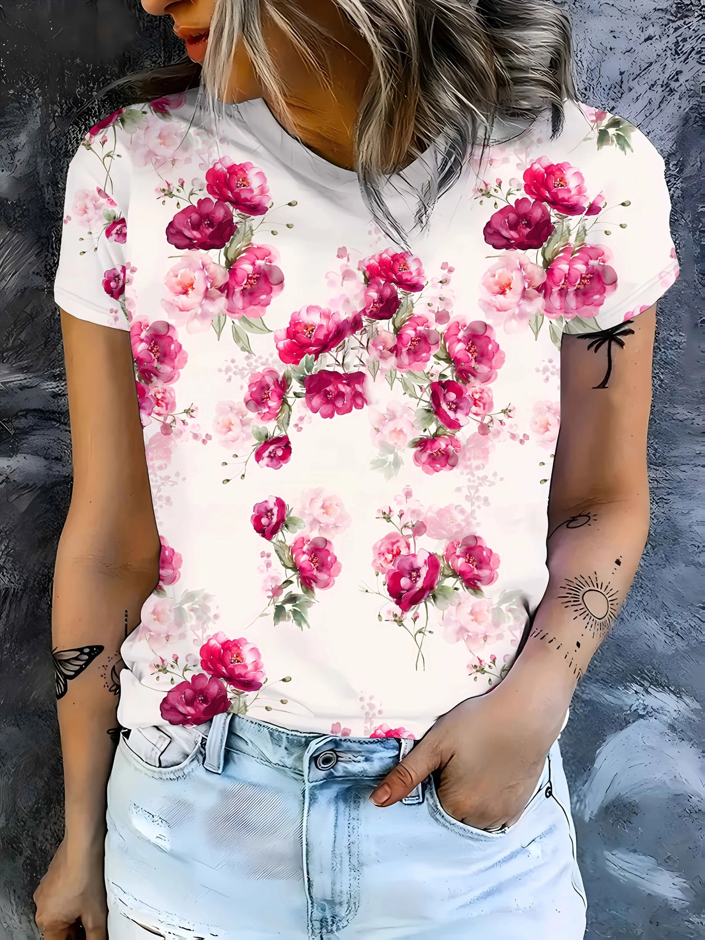 Women's Tee - Red & Pink Floral Pattern Graphic, Elegant Watercolor Garden Design for Casual Daily Wear