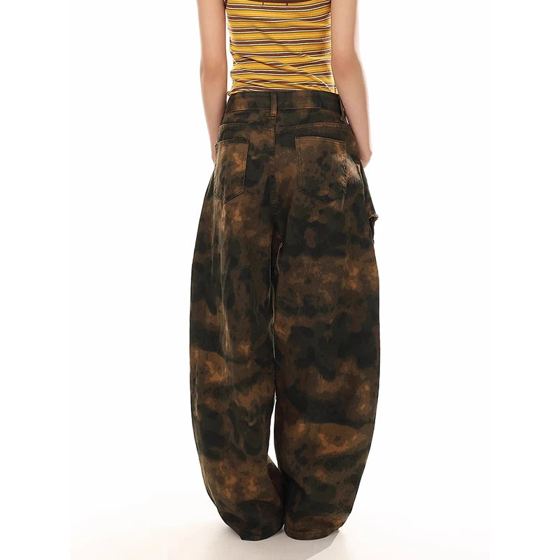 ZHIZOU Autumn Womens Jeans High Waist Baggy Casual Vintage Y2K Camouflage Straight Pants Street American Wide Leg Denim Trouser