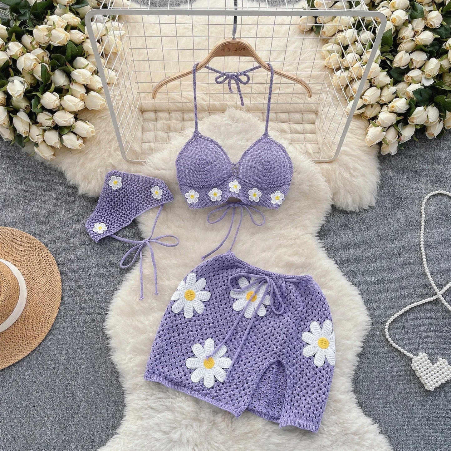 New Summer Hollow Out Knitted Suits Women Halter Lace Up Bow Backless Tank Top+Drawstring Split Mini Skirt Two Pieces Sets