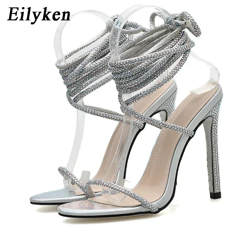 Eilyken Crystal Diamond Ankle Cross Strap Lace-Up Womens Sandals Sexy Thin High Heels Shoes Fashion Party Stripper Ladies Pumps