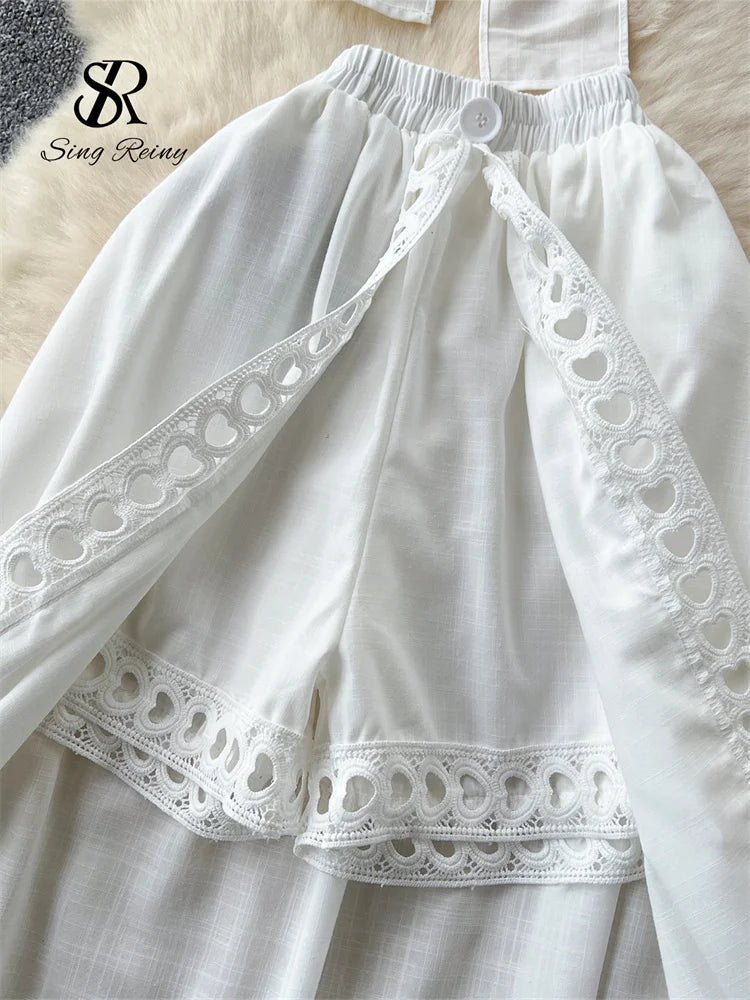SINGREINY Holiday Hollow Out Two Pieces Sets Women Strap Backless Mini Camis+Elastic Long Pantskirt Bohe Cotton Embroidery Suits
