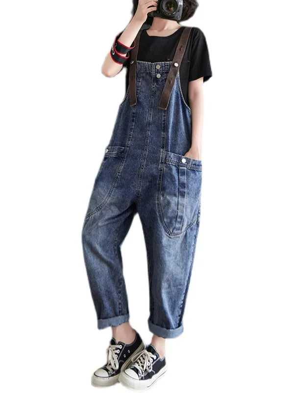 Anti-Aging High Waist Loose Women's Denim Overalls Korean Sle Summer Faion Thinming Harem Nine-Piece Pants