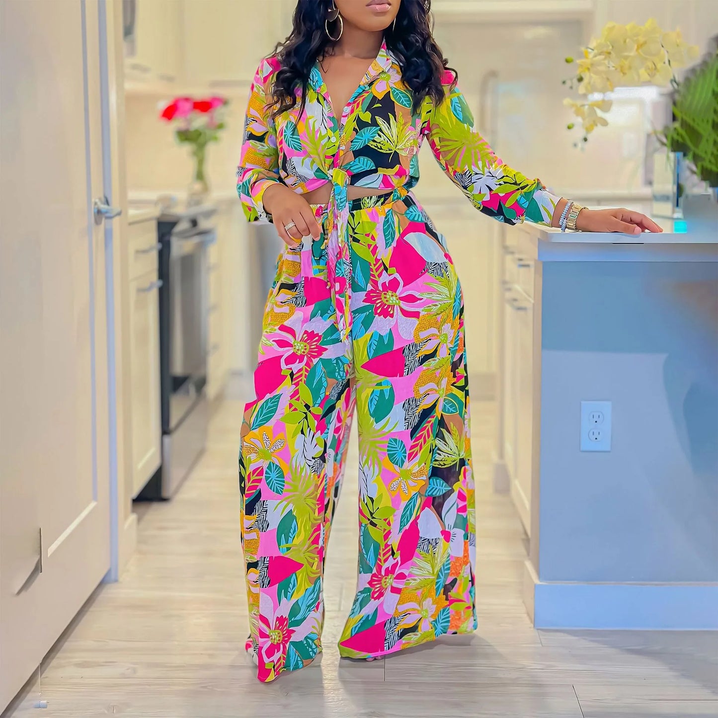 Women 2 Pieces Printed Pants Sets Blouse & Wide Leg Pants Floor Length Fashion High Street Wear Female Two Pieces Matching Sets