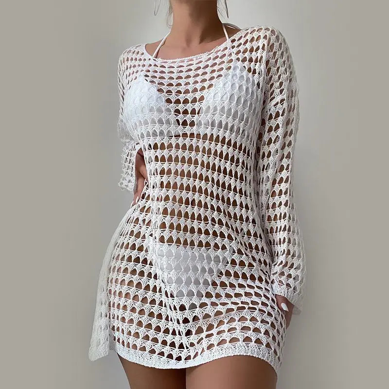 Summer Woman Knitted Long Style T-Shirts Solid Hollow Out Sunscreen Sexy Vacation Blouse Swimsuit Mesh Cover-up Beachwear Tops
