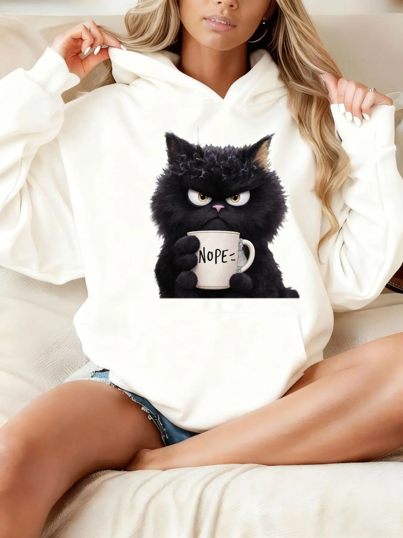 Women's autumn and winter warm loose casual pattern printed suede long sleeved hooded sweatshirt