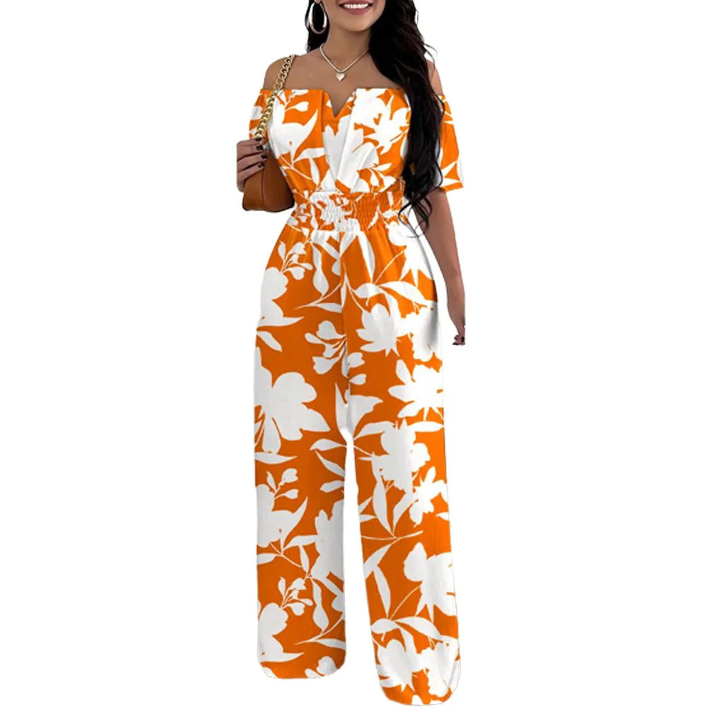 Lady Print High Waist Jumpsuit Sexy Off Shoulder Short Sleeve Wide Leg Pants Jumpsuits Women Fashion Casual Summer Women Clothes