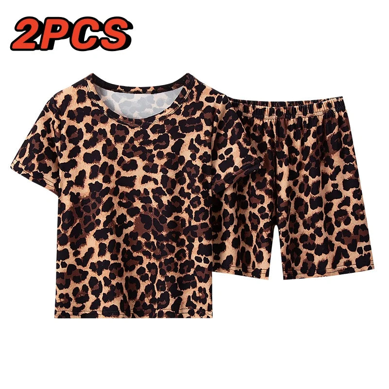 Summer CHILDREN'S Shorts and Short Sleeves 2-piece Suit Handsome Leopard Cute Floral Girl Joker Casual Suit.