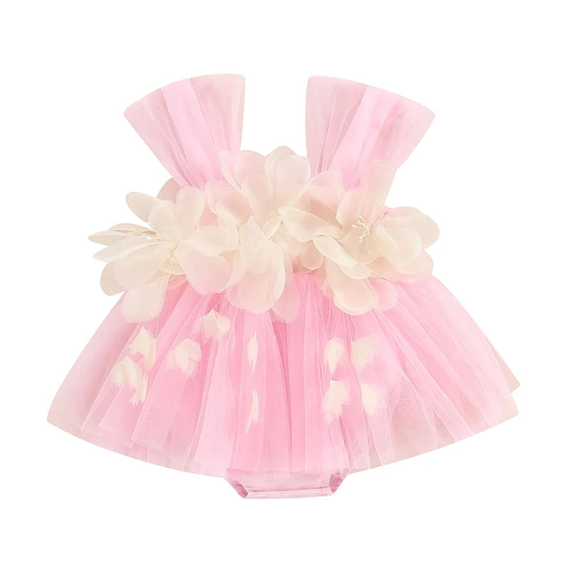 Summer Infant Baby Girls Rompers Dress Sleeveless 3D Flower Decor Tulle Patchwork Newborn Infant Jumpsuit Toddler Clothes
