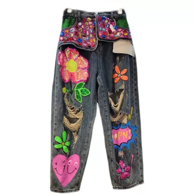 Fashion Women's Spring Embroidery Diamond Bead Hole Jeans High Waist Loose Crystal Stone Jeans Denim Ripped Pants