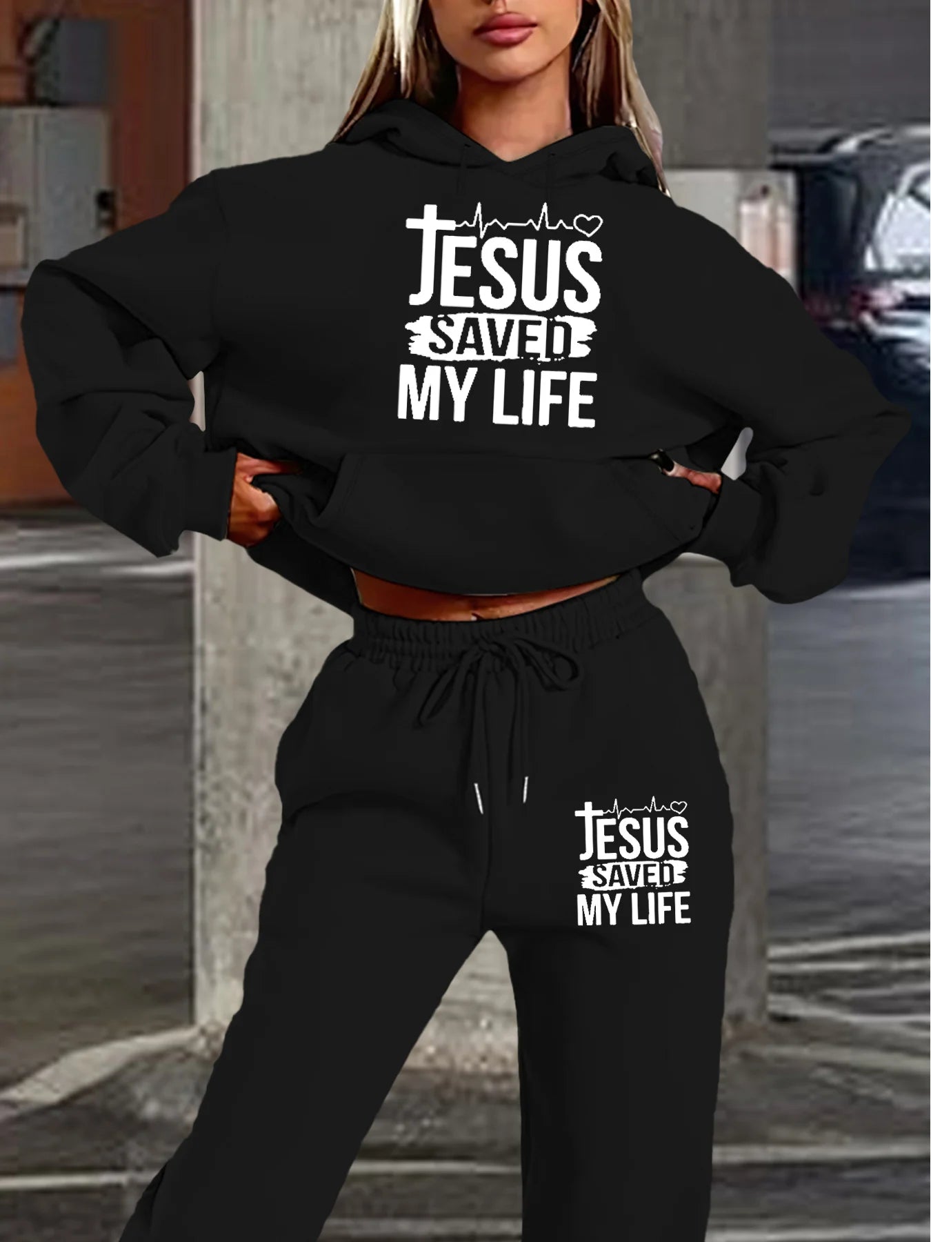 Women's autumn and winter casual fashion loose hip-hop street JESUS letter printed warm hooded sweatshirt+sports pants set