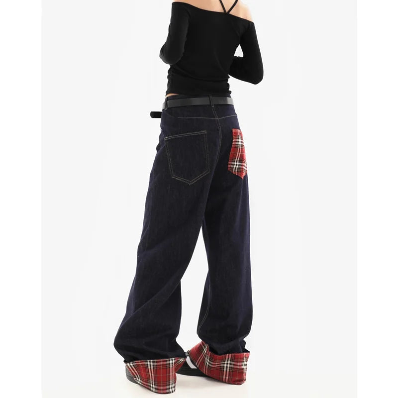 American Blue Vintage High Waist Pants Women's Casual Baggy Y2K Straight Jeans Wide Leg Grunge Street Pockets Denim Trouser