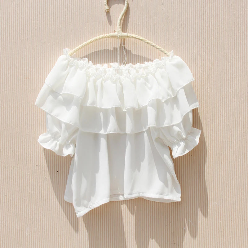 2024 Summer Baby Toddler Teenager Girls White Blouse Chiffon Ruffles Girl Tops Kids Shirt Children Clothes 6 8 10 12 Years