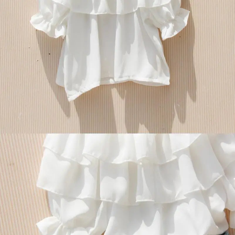 2024 Summer Baby Toddler Teenager Girls White Blouse Chiffon Ruffles Girl Tops Kids Shirt Children Clothes 6 8 10 12 Years