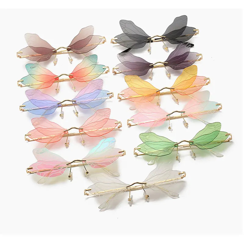 Vintage Dragonfly Wings Sunglasses Fashion Rimless Women Clear Lens Eyewear Men Pink Sun Glasses UV400 Eyewear Female