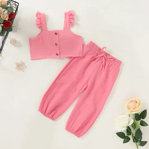 Toddler Kids Baby Girls Clothing Set Solid Color Crop Top Long Pant Girl Ruffle Sleeveless Tops Pants 2pcs Outfits Clothes 1-6Y