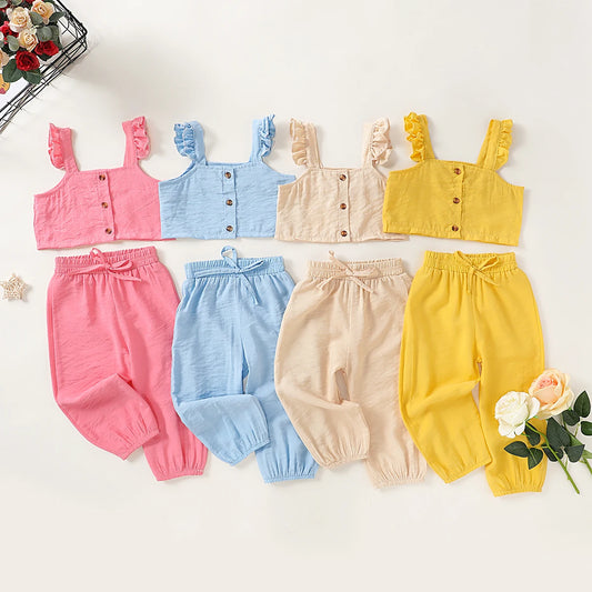 Toddler Kids Baby Girls Clothing Set Solid Color Crop Top Long Pant Girl Ruffle Sleeveless Tops Pants 2pcs Outfits Clothes 1-6Y