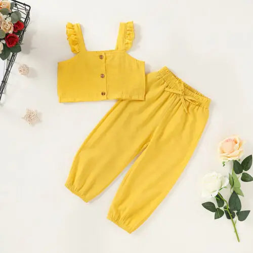 Toddler Kids Baby Girls Clothing Set Solid Color Crop Top Long Pant Girl Ruffle Sleeveless Tops Pants 2pcs Outfits Clothes 1-6Y