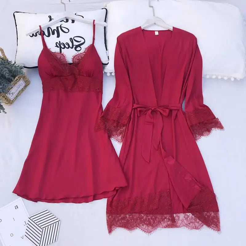 Pajamas Set Silk Satin Womens Lace Nightwear Spring Strap Pyjamas Suit Female Lounge Sleepwear with Chest Pads Home Wear