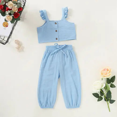 Toddler Kids Baby Girls Clothing Set Solid Color Crop Top Long Pant Girl Ruffle Sleeveless Tops Pants 2pcs Outfits Clothes 1-6Y