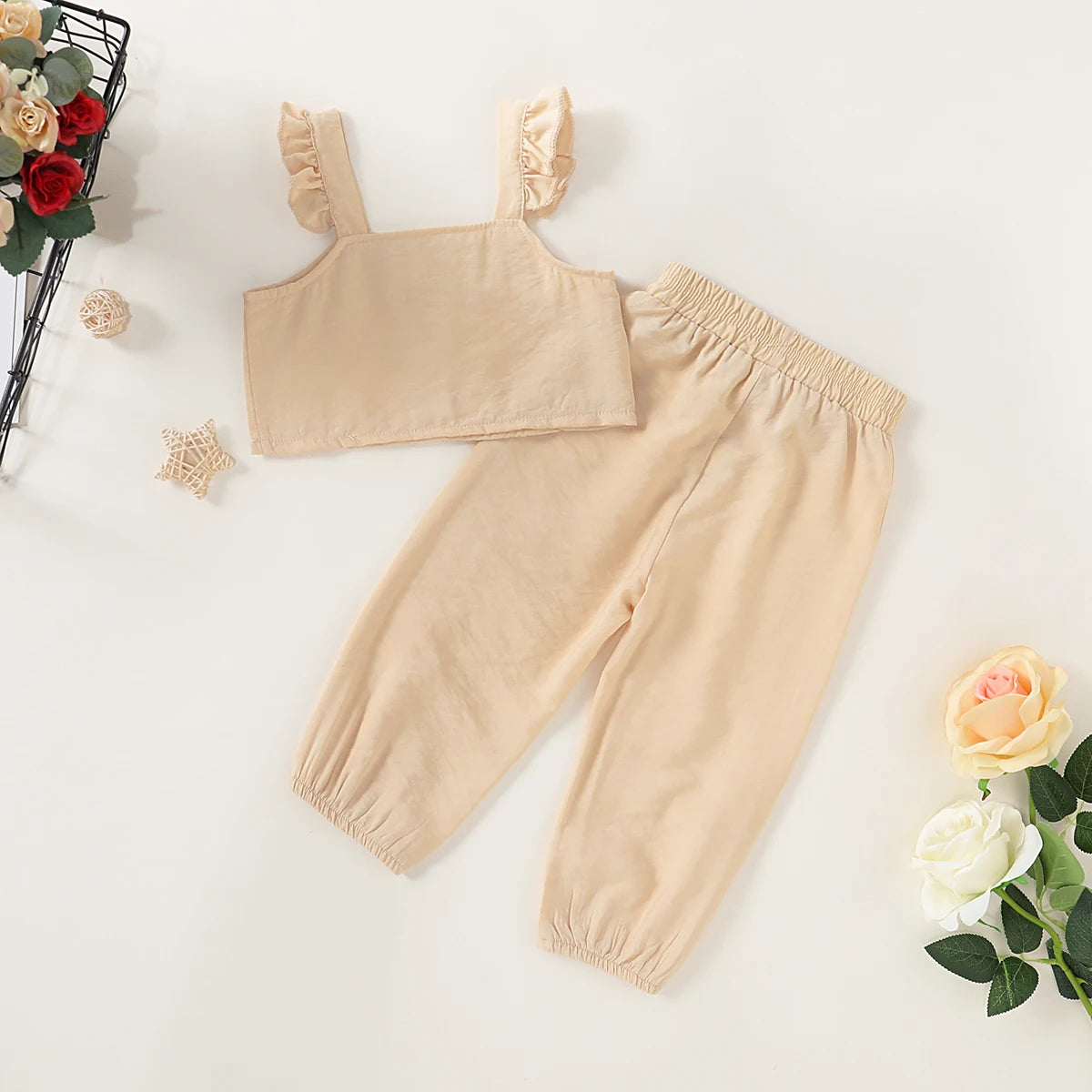 Toddler Kids Baby Girls Clothing Set Solid Color Crop Top Long Pant Girl Ruffle Sleeveless Tops Pants 2pcs Outfits Clothes 1-6Y