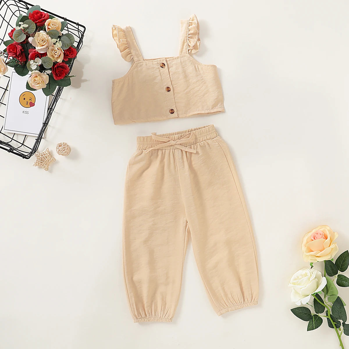 Toddler Kids Baby Girls Clothing Set Solid Color Crop Top Long Pant Girl Ruffle Sleeveless Tops Pants 2pcs Outfits Clothes 1-6Y