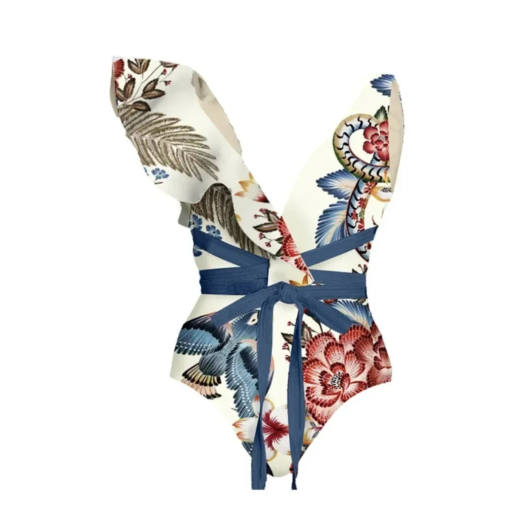 Bikini Women's Printed Ruffle Swimsuit One Shoulder Slash Breasted Bikini Two Piece High Waisted Tummy Tuck Beachwear New