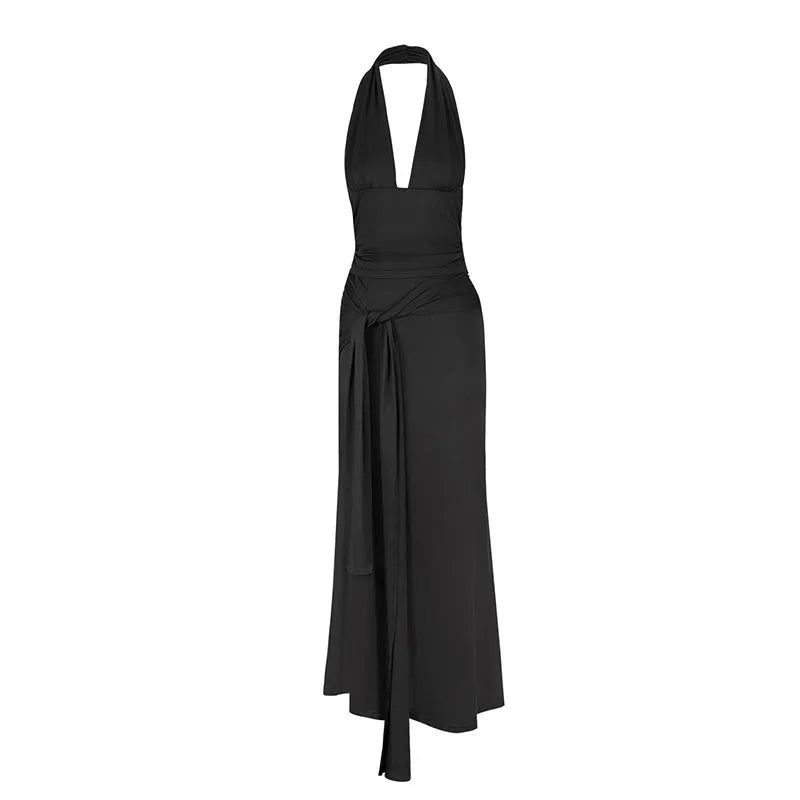 Sexy Satin Wrap around Waist Top with Long Skirt AD329 Summer New Style Crossbody Strap Design Bodycon Dress for Women