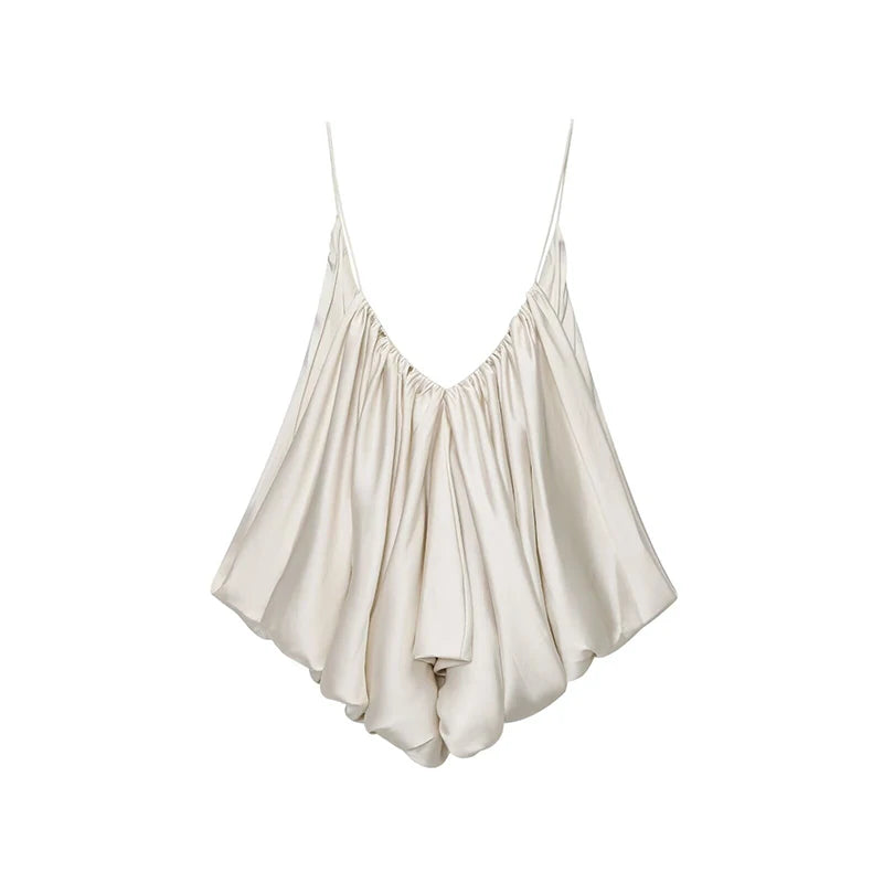 Women's Slip Tops Fashion Satin Pleated V-Neck Sleeveless Top Summer Sexy Female Chic Tops